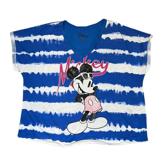 Disney Tops - Disney Blue&White Mickey Mouse Women’s Short Sleeve Summer Vneck Shirt Sz XLG